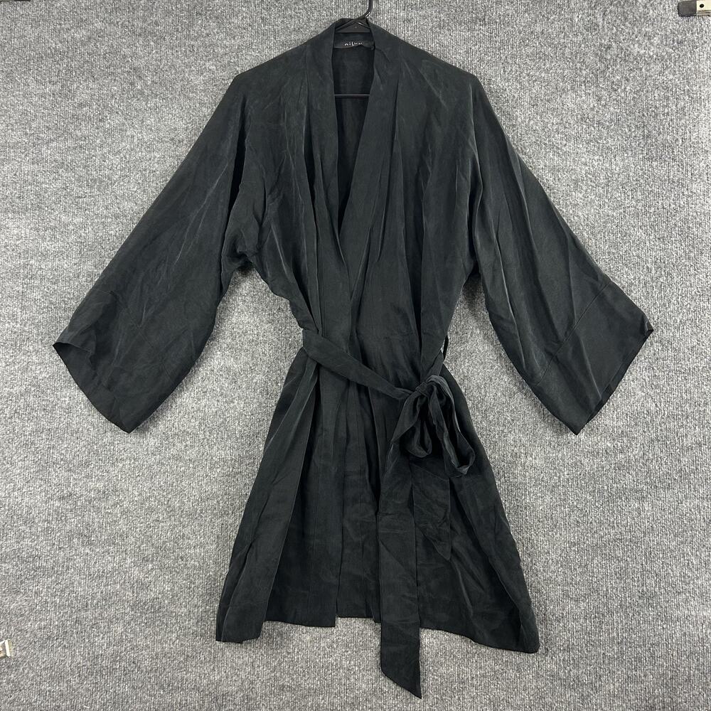 NiLuu Robe Medium Noir Mini Kimono Vegan Silk Cupro Black Lounge Luxury Cozy
